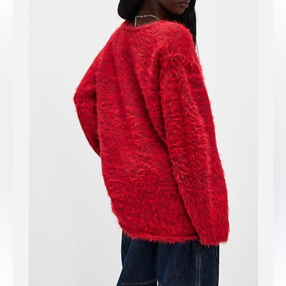 Free People Sparrow Pullover Fuzzy V-neck Sweater. XS Red. Oversized. Boho. - Picture 2 of 7